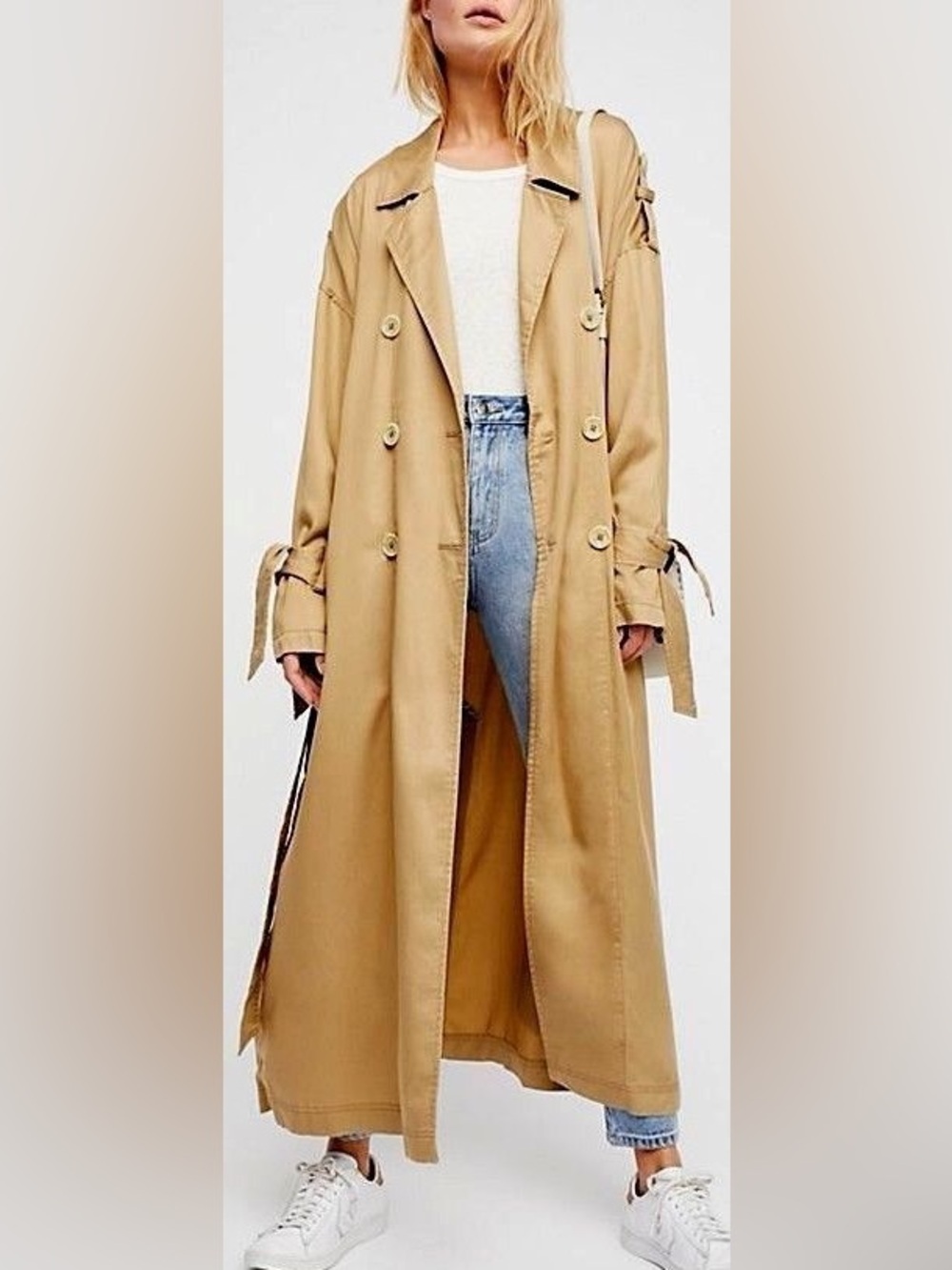 Free People all tied up slouchy Long Tan Trench Coat with ties - Picture 3 of 8